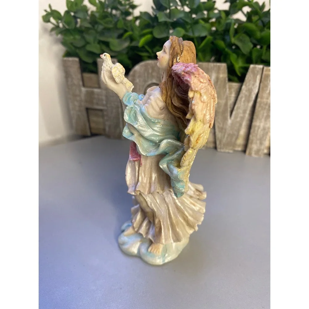 Angel Figurine‎ Holding Dove White Blue Pink Wings Statue